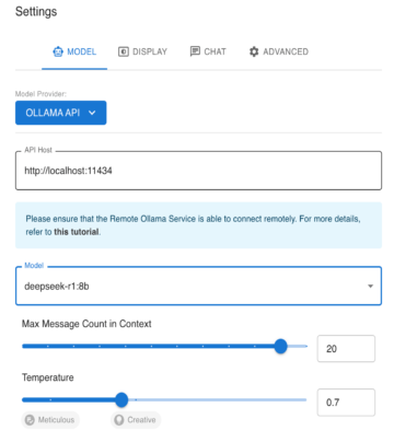 de instellingen om chatbox te gebruiken met je lokale ollama model